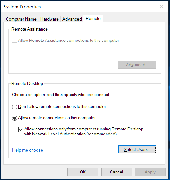 select user and allow remote connections to Windows computer