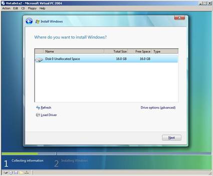 Choose where to install Windows Vista
