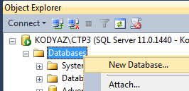 SQL Server Management Studio Object Explorer window New Database task