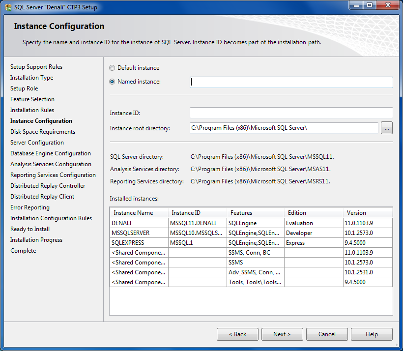 SQL Server Installation Center SQL11 instance configuration