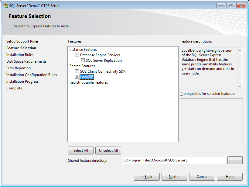 select LocalDB as SQL Server 2011 Express installation