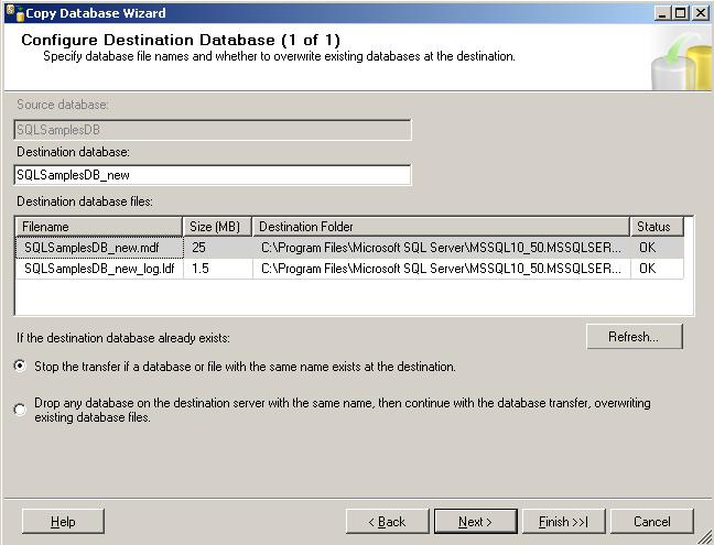 Configure destination database for Copy Database wizard