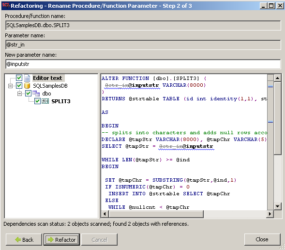 rename parameter name in sql function with refactoring tool