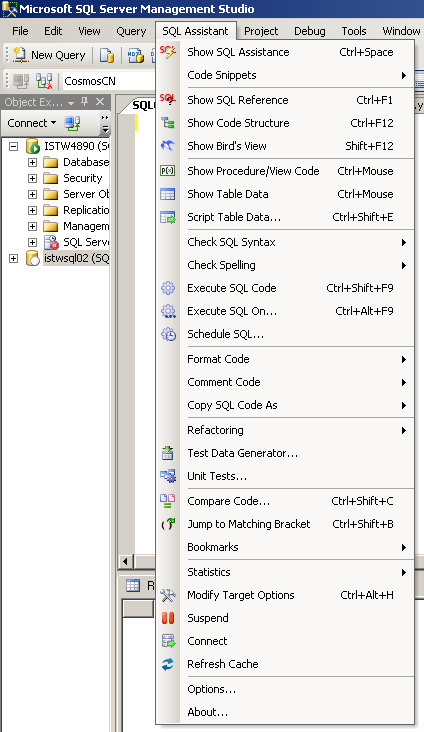 SQL Assistant menu in SQL Server Management Studio 2008