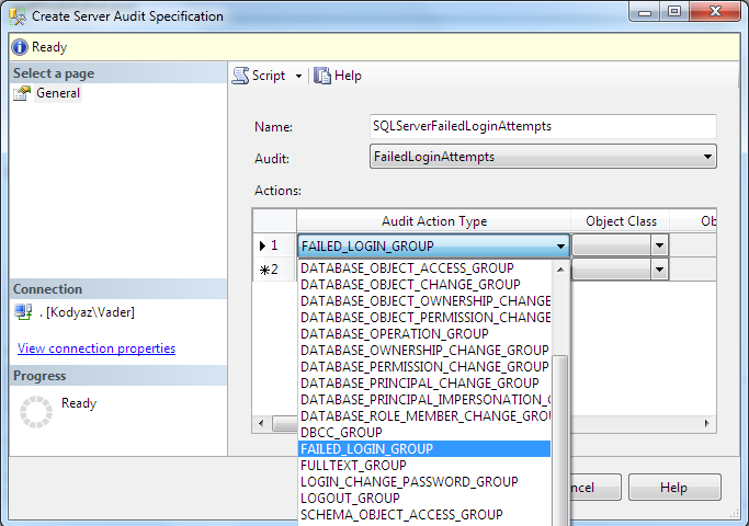 create SQL- Srver Audit Specification for failed_login_group