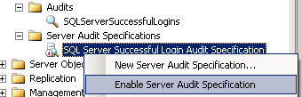 enable Server Audit Specification in SSMS