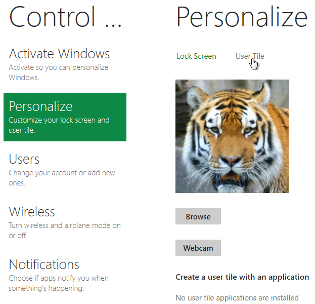 Windows 8 Control Panel for Personalize