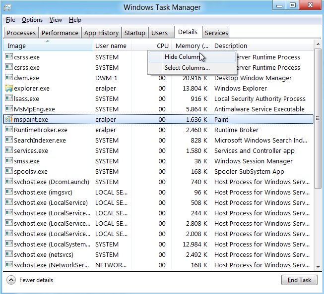 Windows 8 Task Manager process Details tab